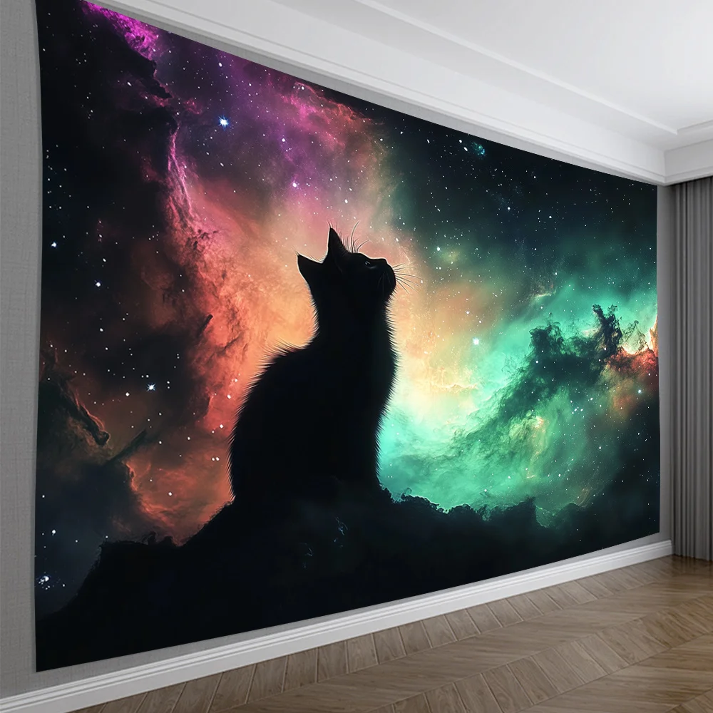 Nebula Cat Wall Hanging, Black Cat Silhouette with Colorful Starry Sky, Perfect for Creating a Mystical Home Atmosphere