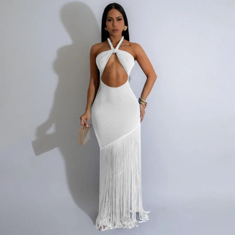 

Solid Long Tassel Patchwork Bodycon Maxi Party Dress Women Sexy Hollow Out Strapless Twist Straps Halter Backless Long Robe