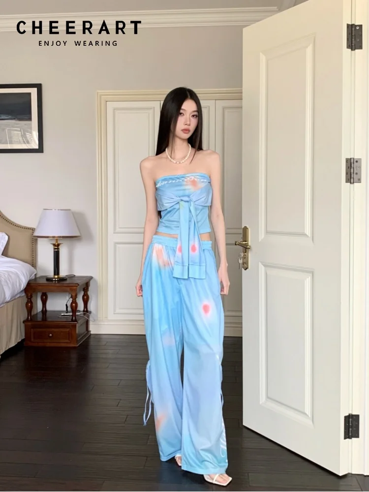 

CHEERART Vacation Summer Outfits 2 Pieces Set For Woman Blue Tube Top And Long Pants Set Wide Leg New In Matching Sets