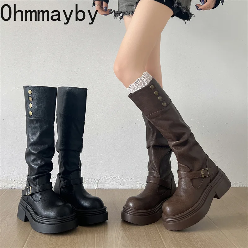 

Autumn Winter Woman Knight Boots Concise Slip-On Thick Bottom Shoes Ladies Vintage Western Cowboy Botas De Mujer