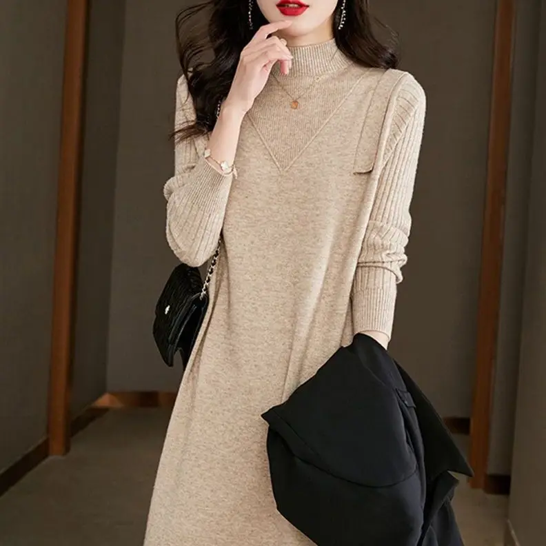 Elegant Solid Ribbed Knitted Short Dress For Women 2024 Long Sleeve High Neck Mini Dresses Fashion Autumn And Winter Lady R111