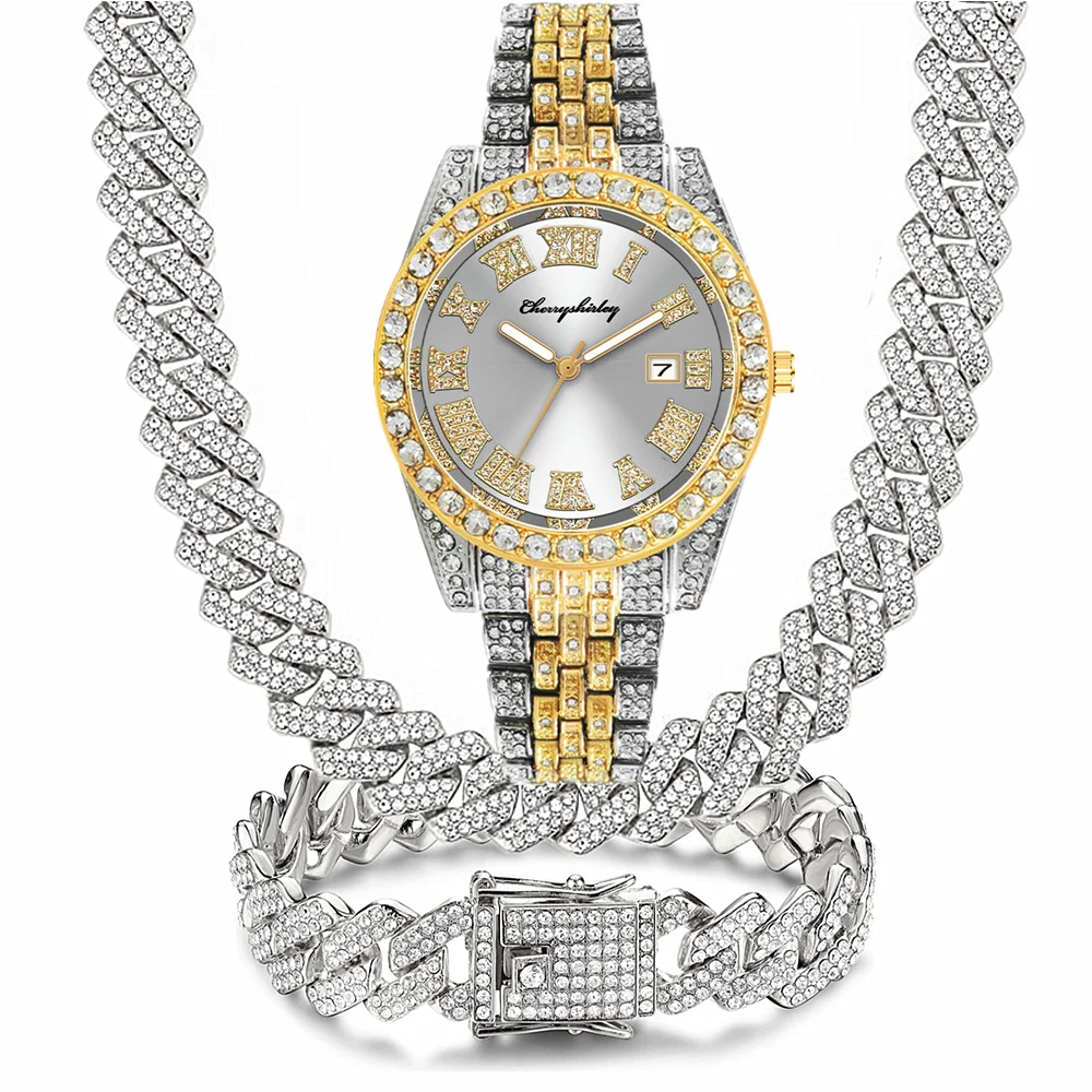 

Blue Red Green Golden Dial Full Iced Out Calendar Watches For Man Cuban Chain Bracelet Necklace Bling 3PCS Jewelry Set Gifts