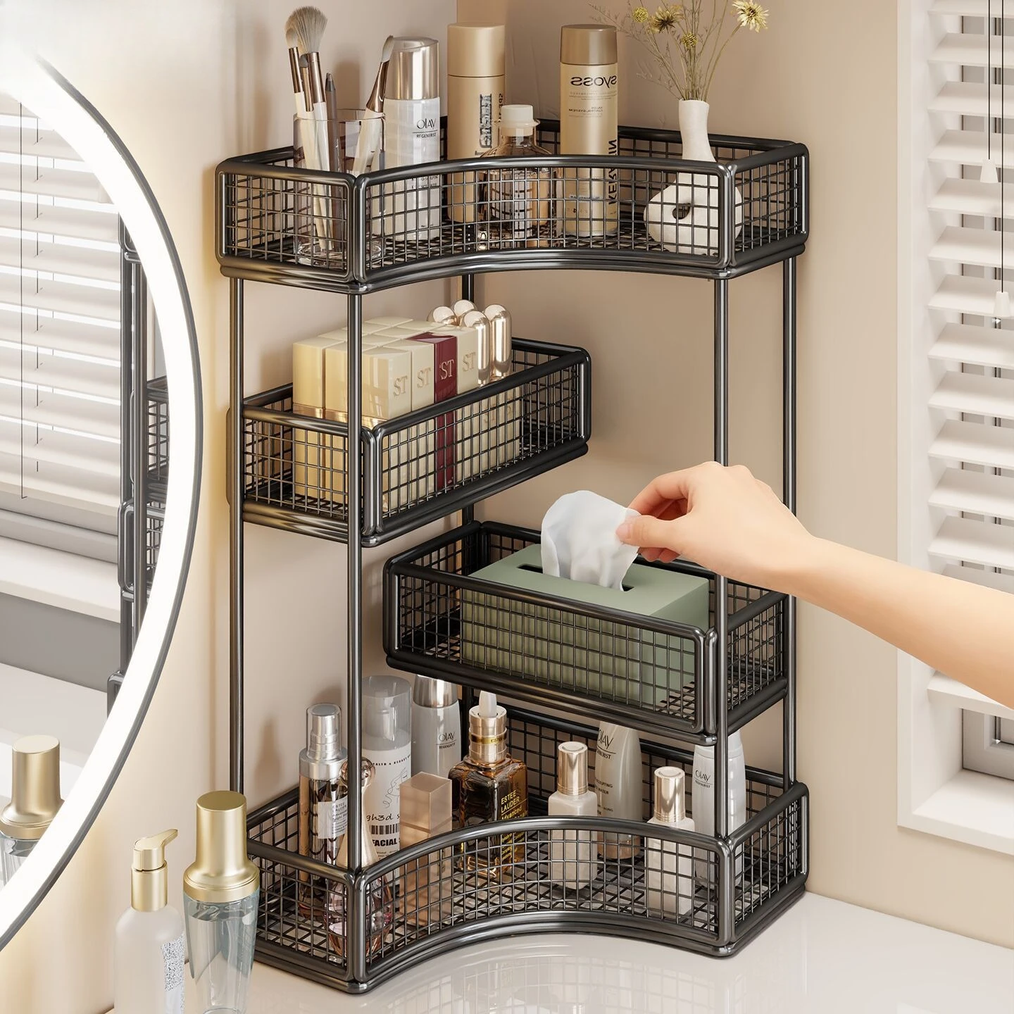 

Corner Multi-Tier Metal Storage Rack Home Vanity Bathroom Organizers for Cosmetics Toiletries Tissue Shelf Bathroom Accessories