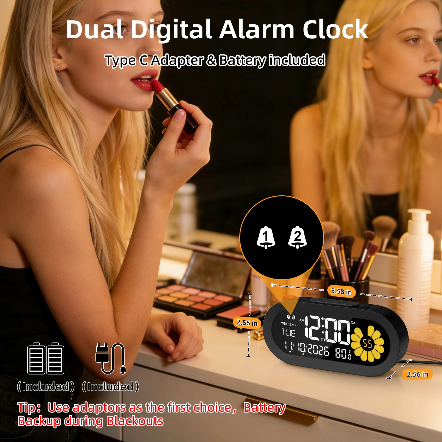 LED Digital Alarm Clock with Dual Alarms Date Week Temperature Display Type C And Battery Operated Clock for Home Bedroom