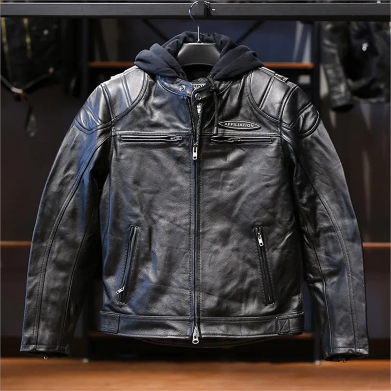 Detachable cap two-piece set leather men's locomotive front layer cowhide