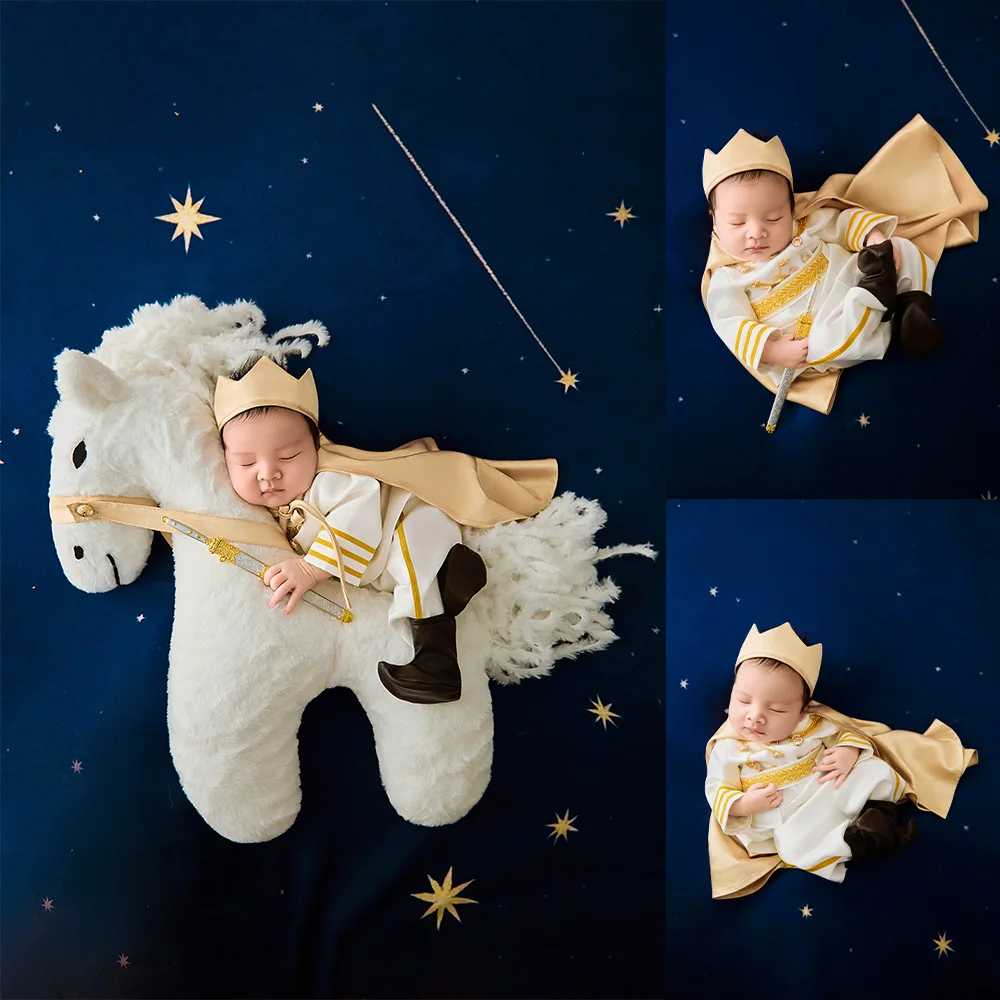 Newborn Photography Props Royal Prince Theme Baby Prince Outfit Set White Plush Horse Posing Pillow Studio Baby Photo Shoot Prop