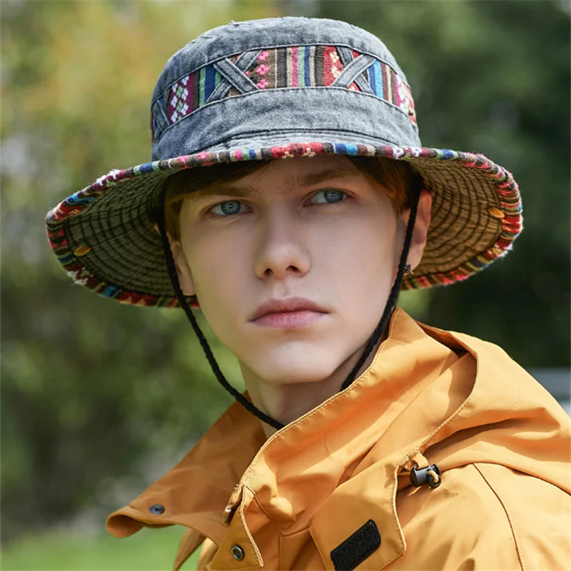 Summer Bucket Hats Retro Printing Cowboy Cap Men Women Outdoor Fishing Hiking Hat Anti UV Sun Caps Cotton Wide Brim Panama Hat