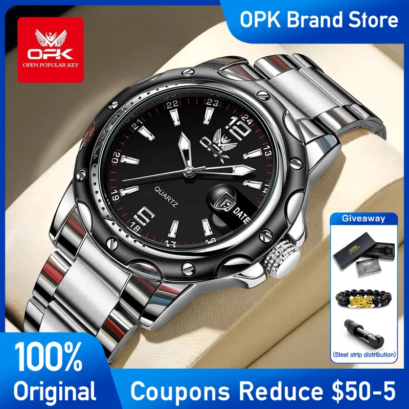 

OPK Mens Watch luxury Fashion Brand Quartz Watch Stainless steel Waterproof Luminous calendar Men's Wristwatch