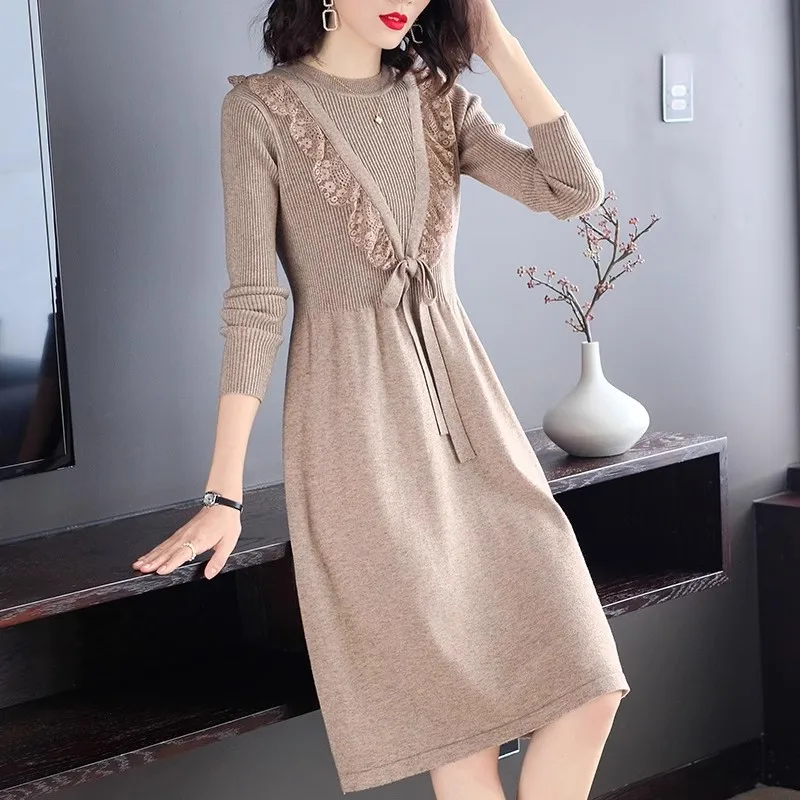 

Autumn Winter New Fashion Loose Soft Wool Pullover Dresses Women Clothing Vintage Elegant Commute Chic Lace Knitted Dress