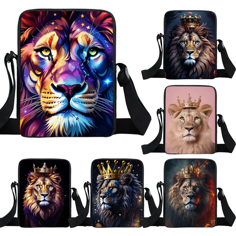 Lion with Crown Painting Messenger Bag for Teens Fantasy Colorful Lion Crossbody Bags Lion in Galaxy Canvas Shoulder Bag Gift