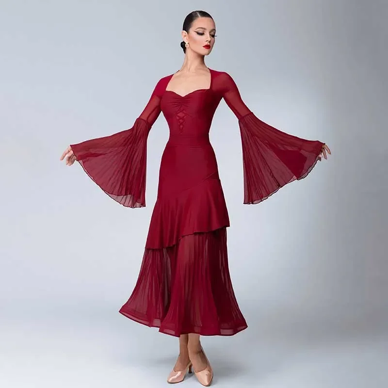 

Standard Ballroom Dance Costume Women Waltz Competition Suit Tango Stage Wear Dance Bodysuit Pagoda Sleeve Long Dancing Skirt