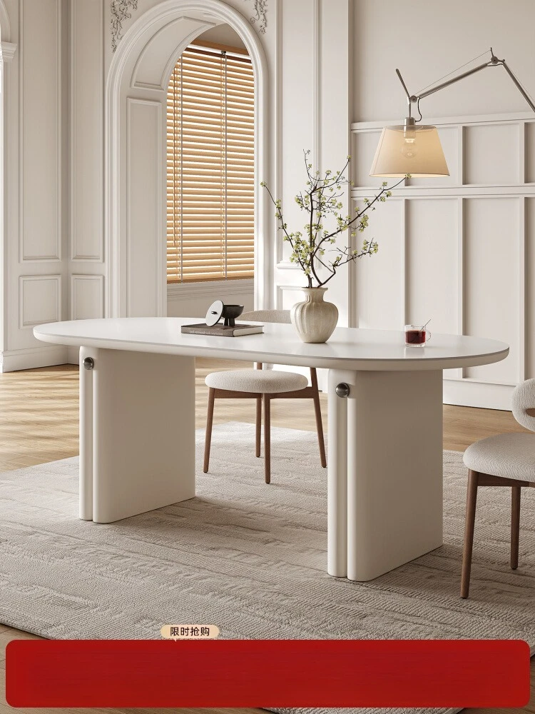 French cream wind rock board dining table household small apartment dining table 2025 new oval dining table and chair combinatio