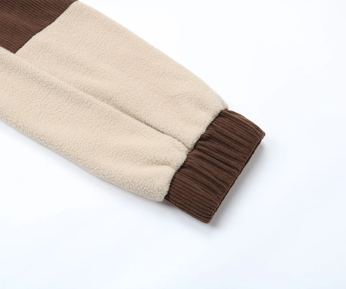 Jaket Wanita Warna Cokelat Beige dengan Blok Warna, Kerah Tinggi, Ritsleting, Saku Korduroi, Musim Gugur Musim Dingin, Kasual, Fashion, Slim Fit