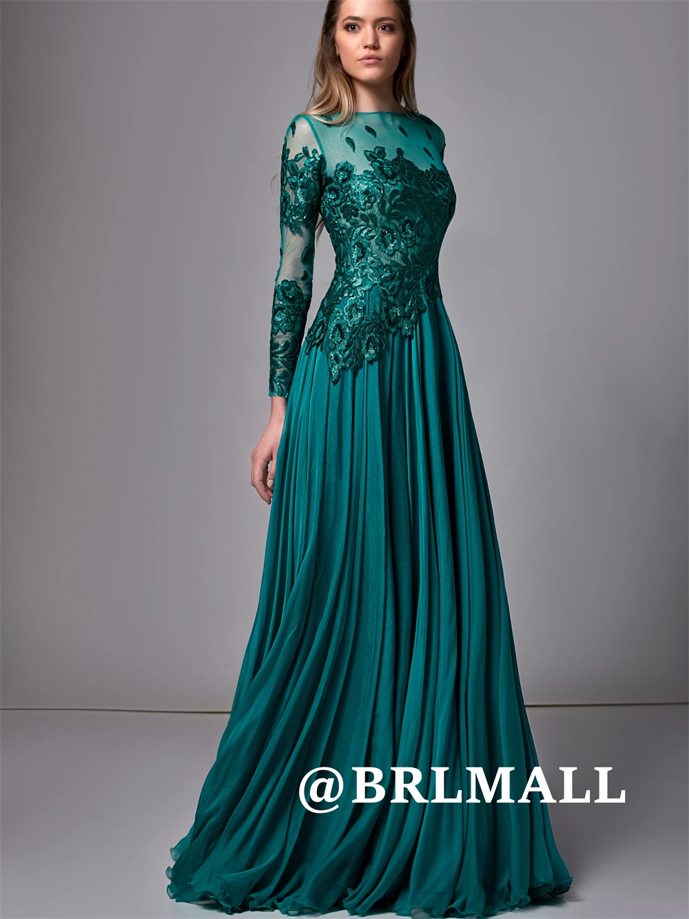 

BRLMALL Peacock Long Formal Dress for Women Beaded Chiffon Pleat Evening Dresses 2025 Full Illusion Sleeves O Neck Party Gown