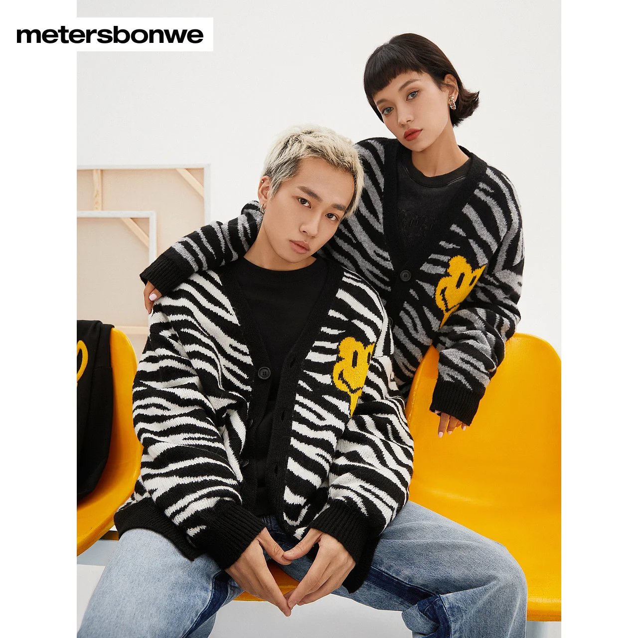 Metersbonwe-Men's And Women's Knit Cardigan Jacquard Pattern Loose Sweater  Basics Casual Warm Couple Spring Autumn