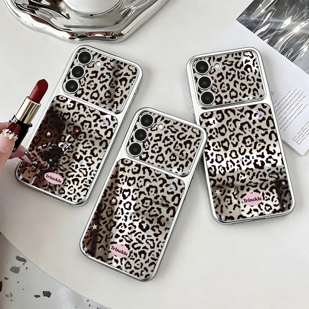 Leopard Print Mirror Case For Samsung A56 A57 5G A26 A35 A36 5G A37 A18 A53 A54 A55 A08 A16 A17 S23 S24 S25 FE S26 Ultra Cover