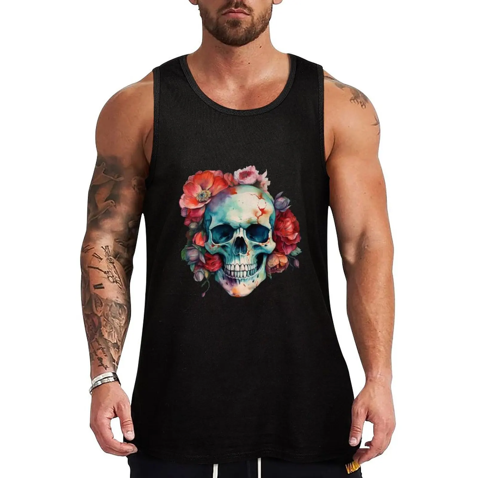 

Watercolour Floral Skull Tank Top T-shirt Men's gym T-shirt man T-shirts men