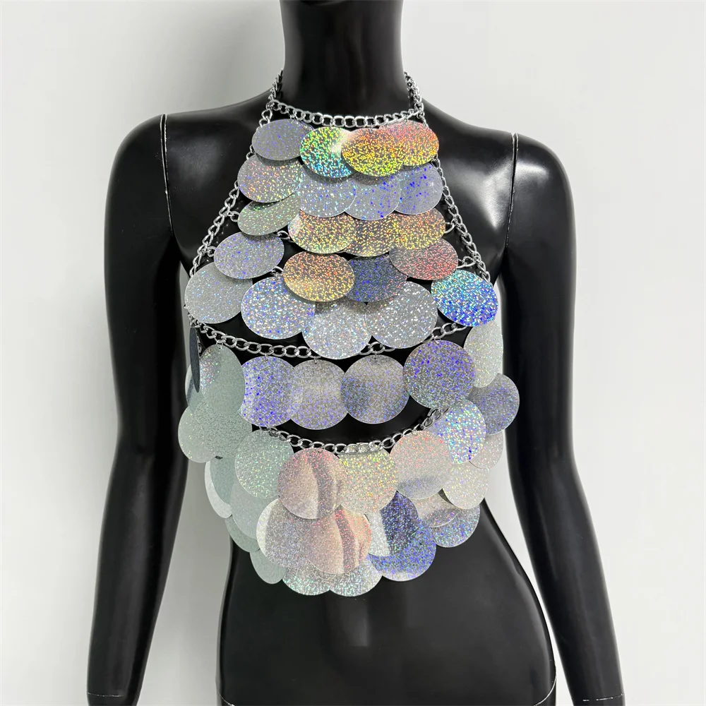 Damen Metall-Pailletten Rückenfreies Top Sexy Ausgeschnittenes Neckholder-Oberteil Handgefertigtes Träger-Top Rave Festival Party Tanktop Crop Top – Detail 13