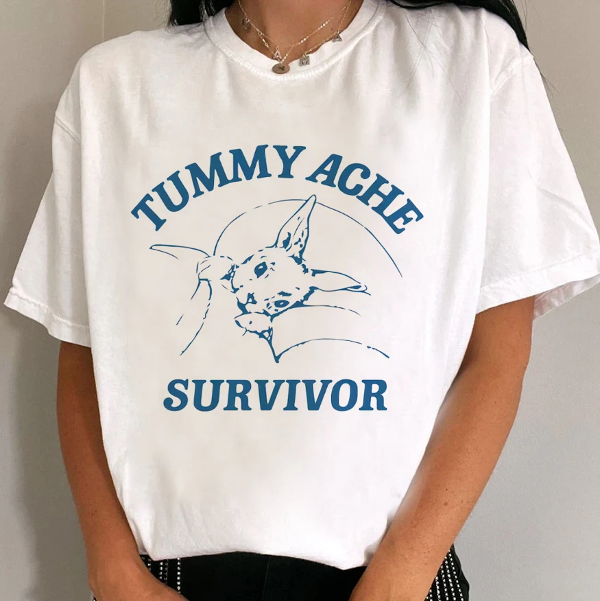 Tummy Ache Survivor T Shirt Women Funny Mental Health Graphic T-Shirts Unisex Vintage Fashion Tops Short Sleeve Tees for Women