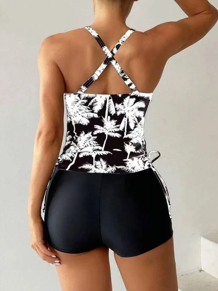 2025 verão coco impressão tankini conjunto feminino cintura alta nadar topo & boyleg shorts sexy duas peças roupa de banho para roupas de praia novo