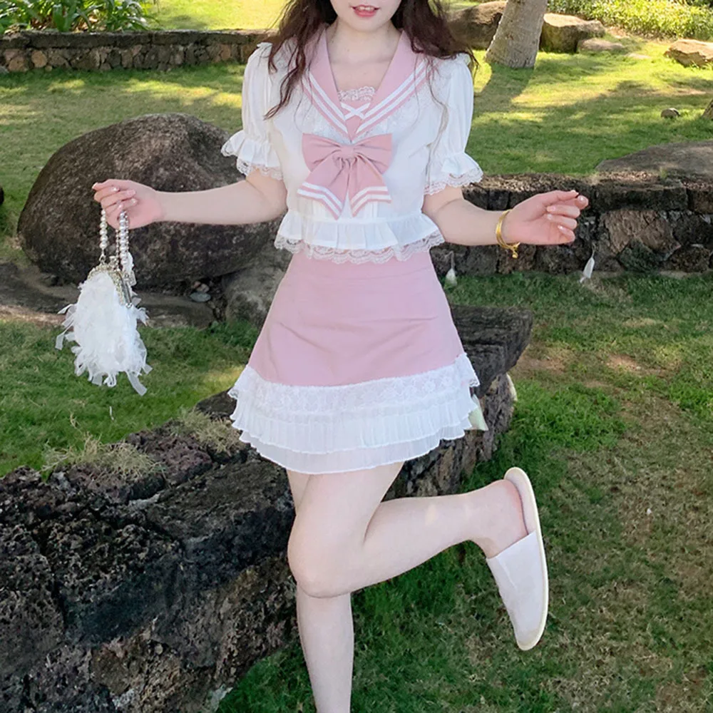 Camiseta coreana con cuello azul marino para mujer, pantalones cortos vaqueros con encaje Rosa japonés, falda de línea a Lolita Kawaii, 2022