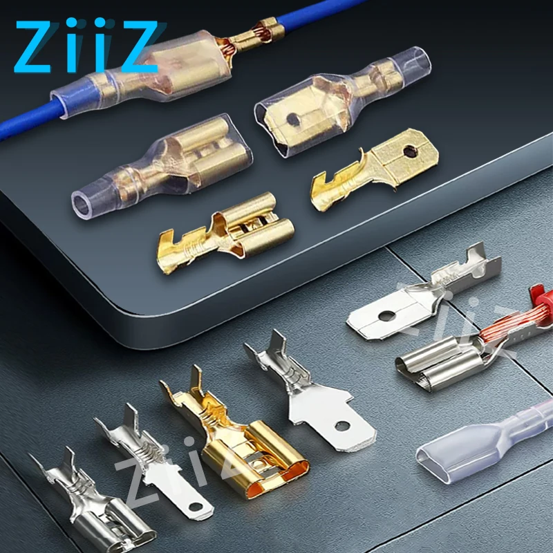 100 sztuk zaciskane złącze przewodu elektrycznego zestaw 2.8/4.8/6.3mm żeńskie i męskie złącze mosiężne złoty/srebrny głośnik samochodowy ZiiZ