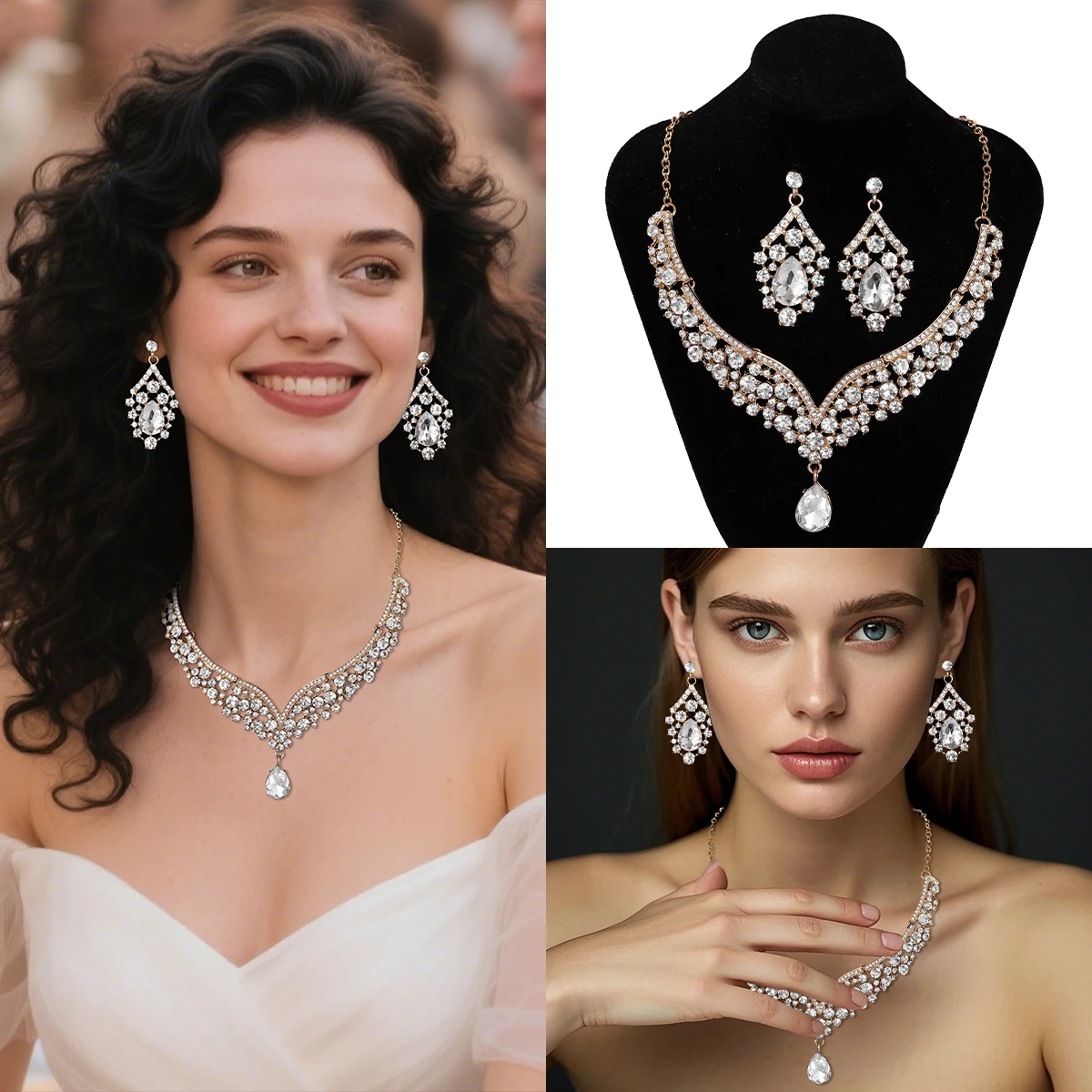 Set di collana e orecchini in cristallo barocco atmosferico europeo e americano, accessori per collane di gioielli da sposa per le donne