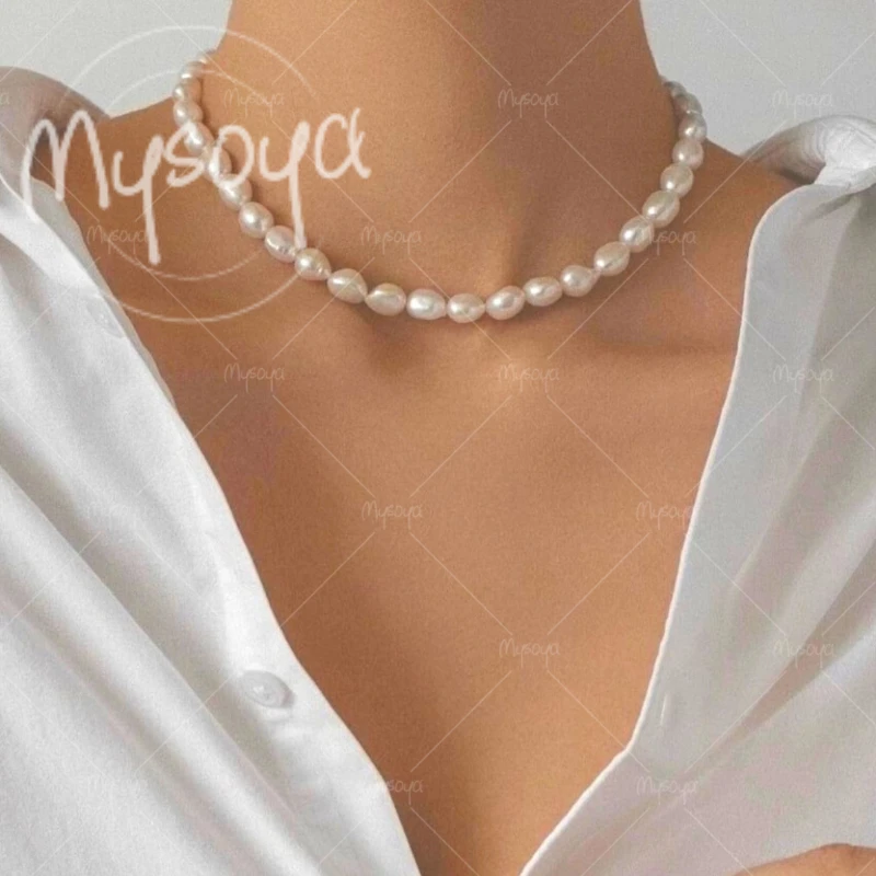 

MYSOYA 8-9mm White Baroque Freshwater Pearl Necklace for Wife/ Mom, Suitable for Wedding/ Party/ Mother's Day Gift A0654