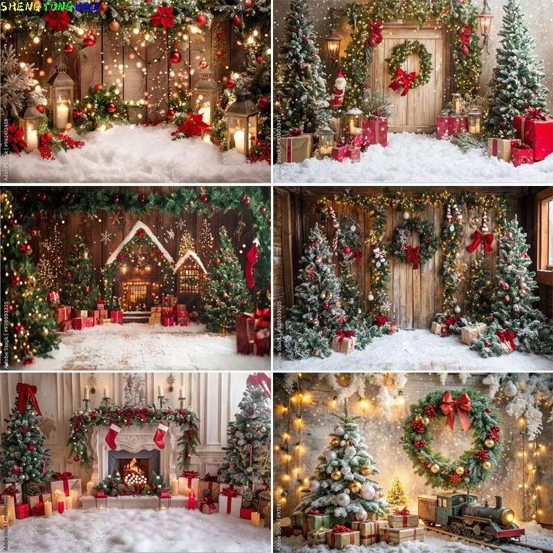 

Christmas Day Gift Boxes Steam Train Photography Backdrops Living Room Holidays Carpet Fireplace Pine Trees Background VT-01