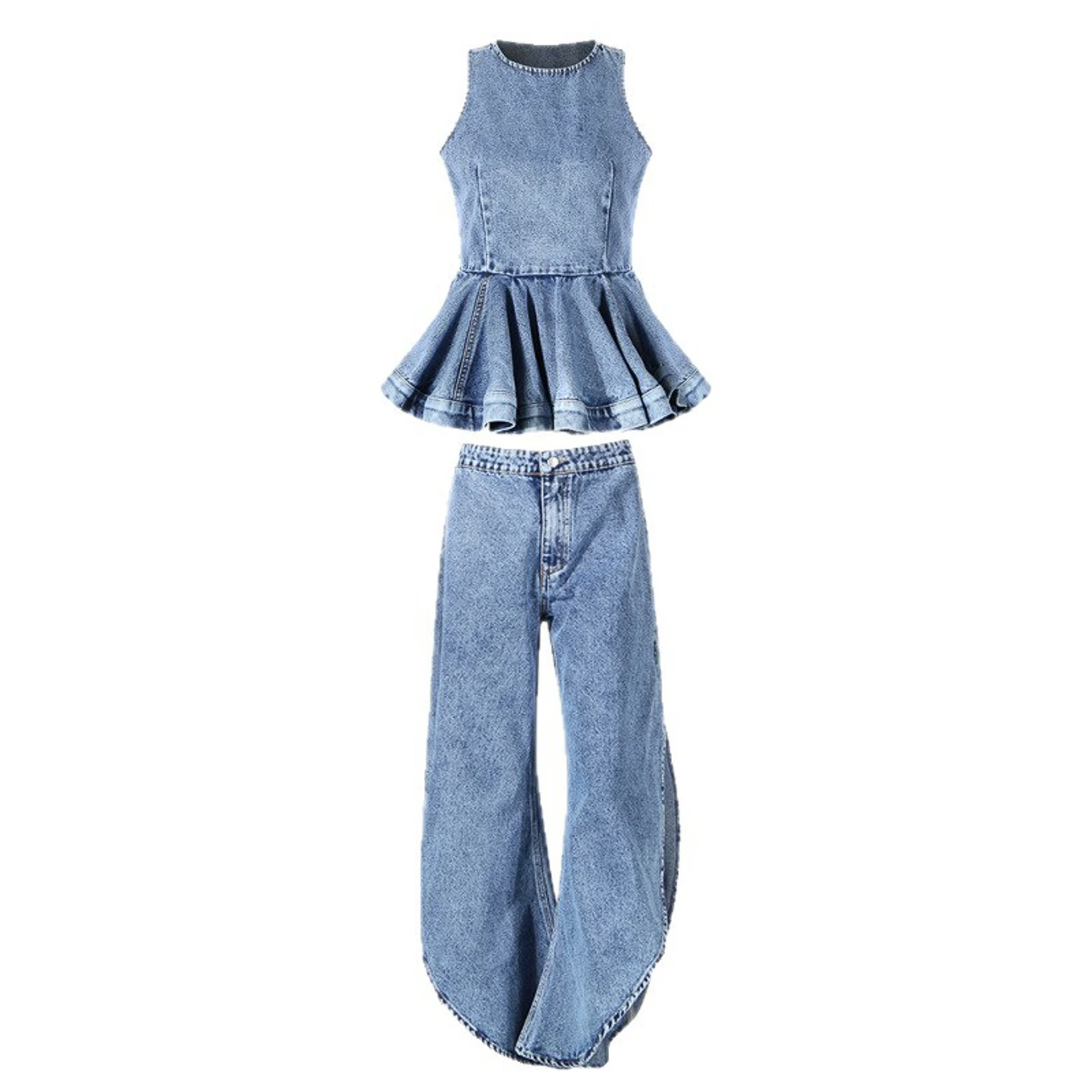 Y2K Women Denim Two Piece Outfit Sleeveless Ruffle Peplum Top High Waist Split Balloon Wide Leg Jean Matching Sets view 4