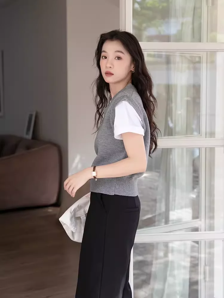 2025年春秋新作 Sle 00 純毛ニットベスト レディース ラウンドネック シンプル重ね着 多用途 肩出しベスト