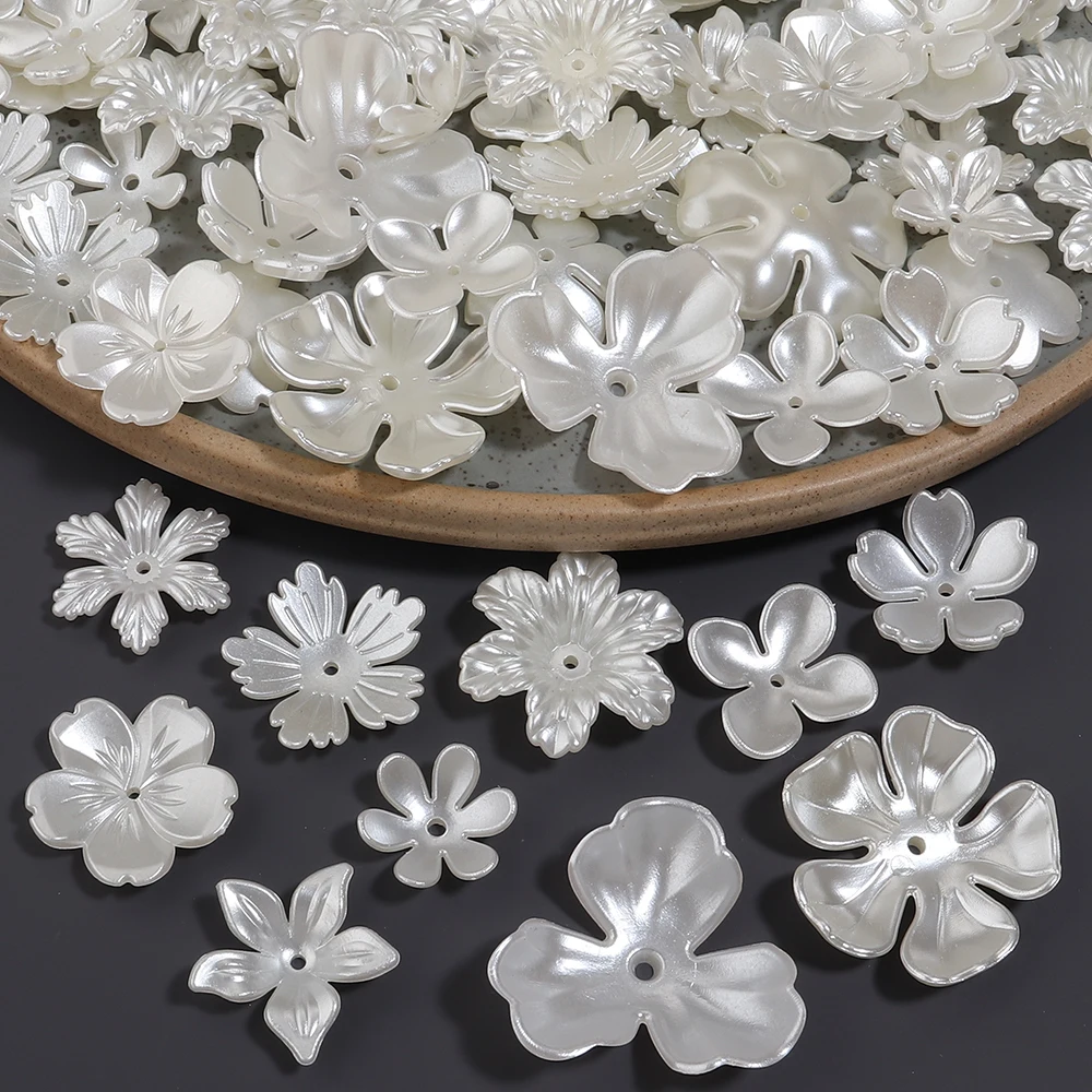 50PCS ABS Flowers Imitation Pearl Acrylic Beads Loose Spacer Beads Caps for DIY Bracelets Necklaces Jewelry Making Supplies