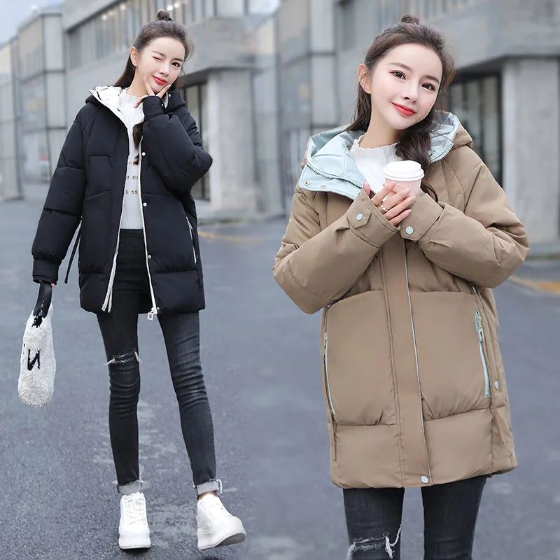 Winter 2023 Women's New Korean Cotton Jacket Loose Down Cotton Top Mid-length Hooded Jacket Thickened Cotton Coat