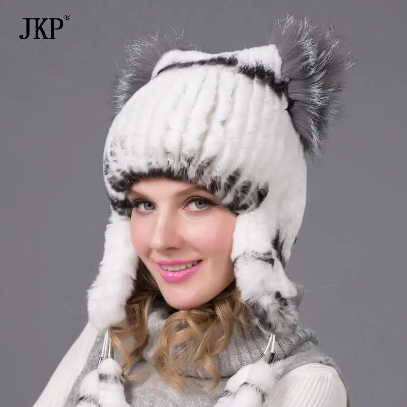 Women Winter Fox Fur Hat Keep Warm Natural Rex Rabbit Fur Hat White Cute Casual Ear Protection Cap THY-35