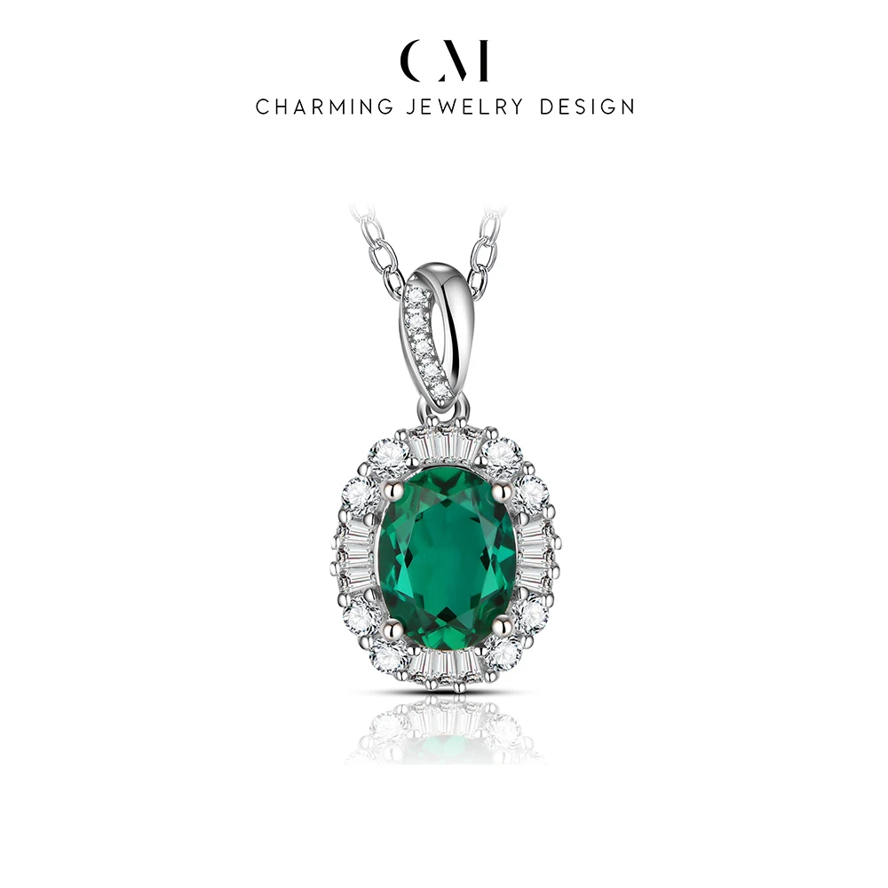 CHARMING Lab Emerald Oval Cut Zircon Pendant Necklace 925 Sterling Silver for Women Party Jewelry Birth Gift Anniversary Wedding