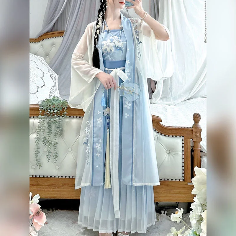 Hanfu Dress Women Chinese Traditional Printed Hanfu Student Halloween Cosplay Costume Hanfu Blue 3pcs Sets