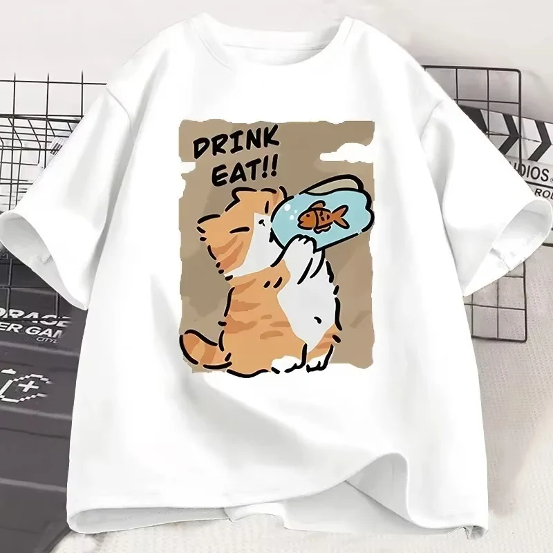 

Funny Summer Kid Clothes Cat Drinks Fish Soda Printed Kids Tshirt Casual Round Neck Short Sleeve Fashion Children's Clothing Top