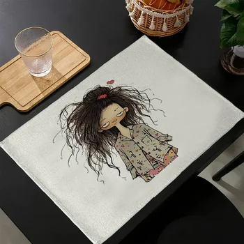 Cartoon Little Girl Print Linen Dining Table Mats Alphabet Kitchen Placemat 32X45cm Coasters Pads Bowl Cup Mat 