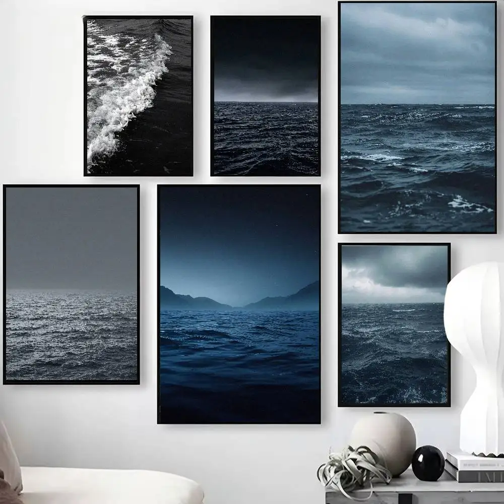 Dark Ocean Sea Wave Poster, Moody Misty Stormy Ocean Landscape Wall Print, Black Blue Calm Sea Nature Wall Decor