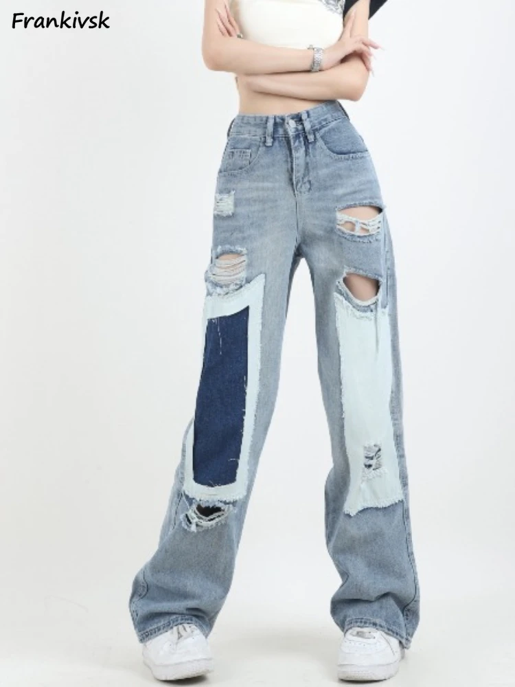 

Patch Work Jeans Women Mid Waist Wide Leg Loose Asymmetrical Washed Vintage Ripped American Style Retro High Street Hipster 2023