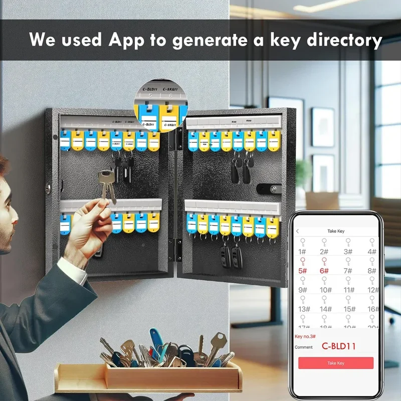 WeHere 32 Key Safe Box with Dual Lock, Combination & Key Unlock, Key Cabinet Wall Mount with Key Tag Label,App Key Directory ERP