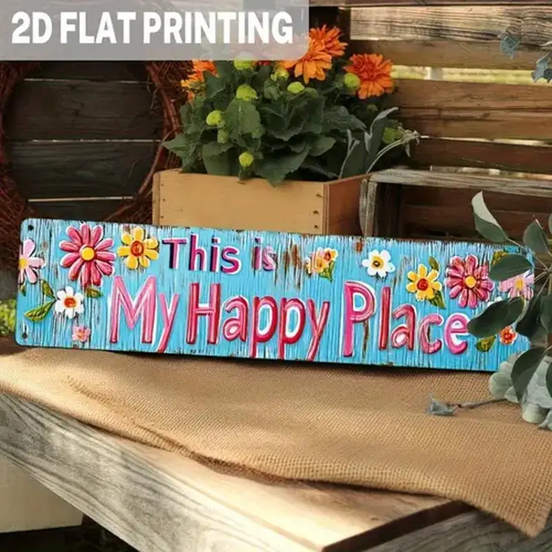 [2D FLAT] 1pc Metal Sign, 4×16inch Rustic Floral Metal Sign "This is My Happy Place" Decor