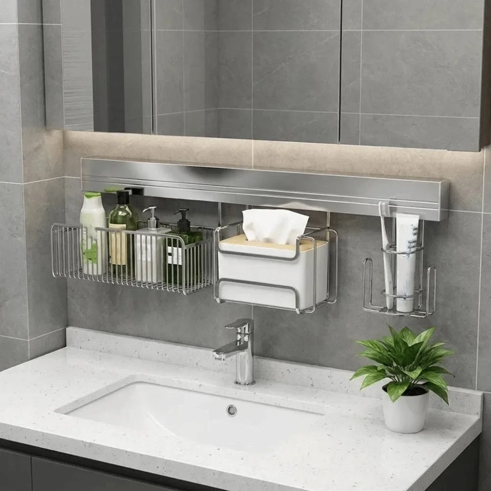 Stainless Steel Punch-free Wall Storage Rack Rust-Resistant Wall Mounted Stainless Steel Storage Rack Sturdy Structure