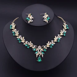 Luxury Green Choker Necklace Sets for Women Dangle Earrings Bride Jewelry Collar Two Piece Set Bridal Wedding  Dress Accessories