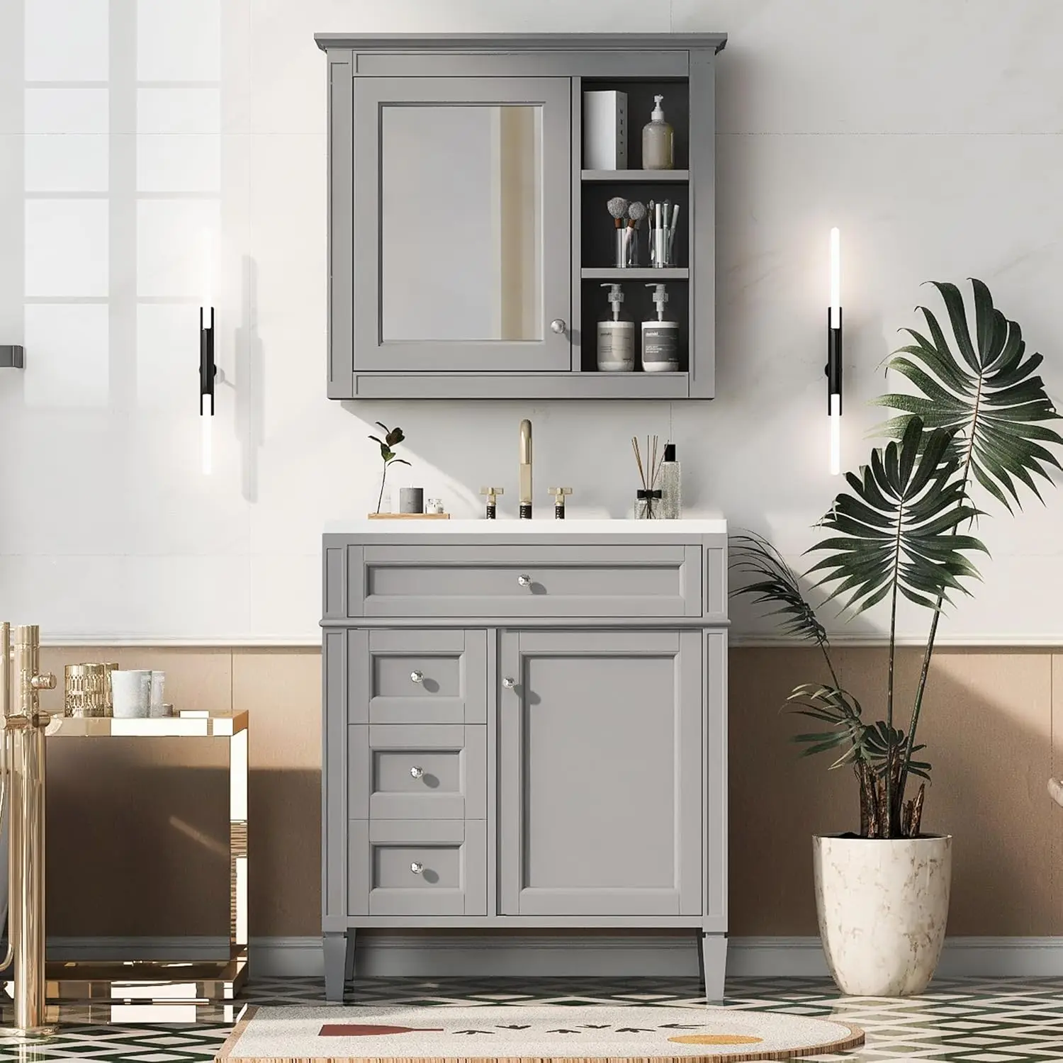 

30in Bathroom Vanity Sink Set Modern Storage Cabinet Mirror Medicine Solid Wood Frame Painted 2 Drawers Tip-Out Grey Customized