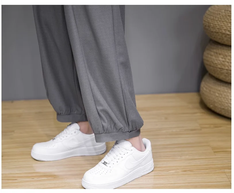 High Quality Waffle Ice Silk Pants for Men Big Size 5XL Summer Cool Ankle-Length Pants Japanese Trendy Loose Wide Leg Pants