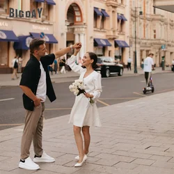 Elegant A-Line Short Wedding Dress V-Neck Long Sleeve Pleat Simple Woman Bridal Gown Knee-Length Vestidos De Noiva Customized