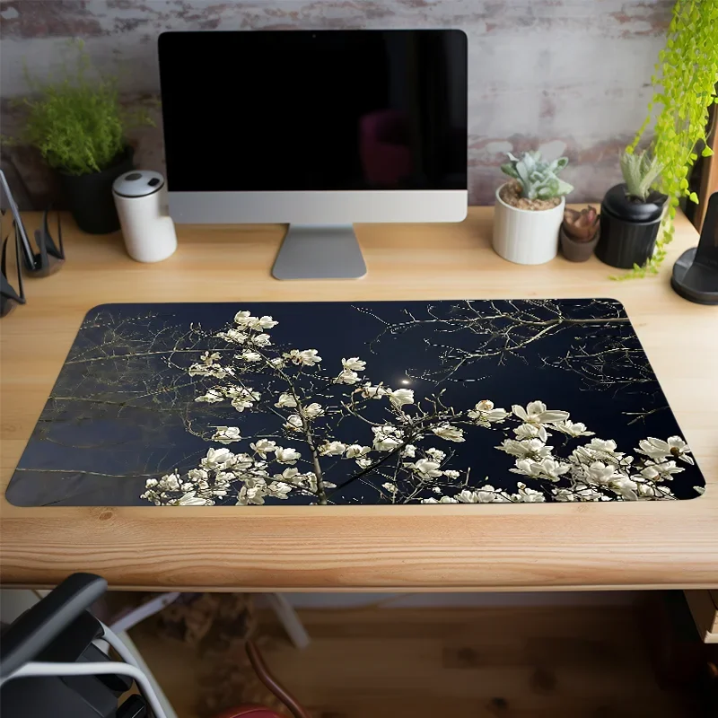 White Blossom Mouse Pad Elegant Floral Desk Mat Desk Accessories for Office Natural Rubber Stitched Edge Deskpad Gift for Friend