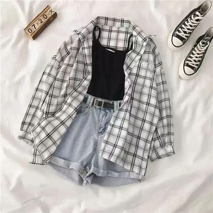 Single Piece/three Piece Set New Summer Checkered Sun Protection Shirt Suspender Wide Leg Denim Shorts Fashionable Set