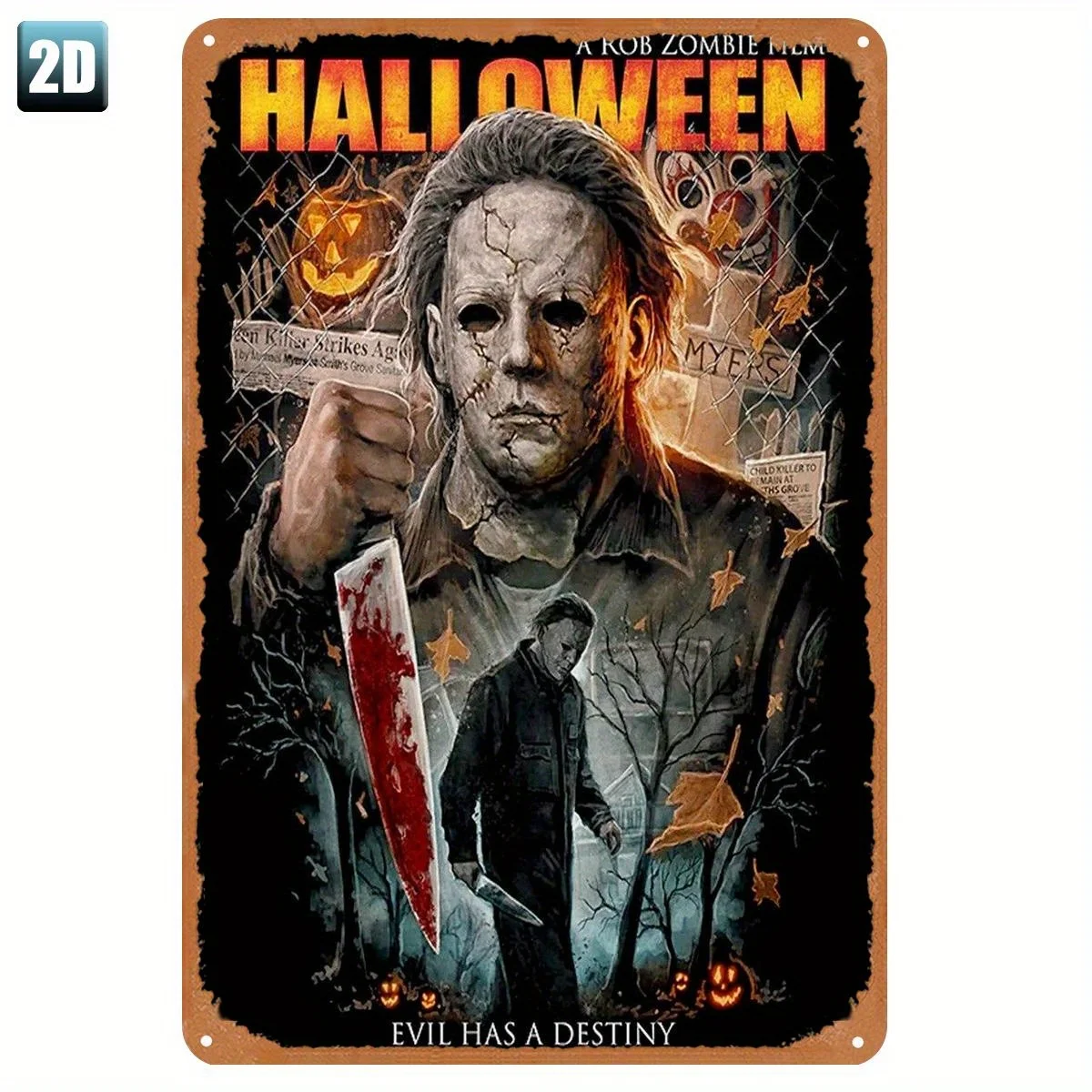 Letrero de metal de estaño de Michael Myers de Halloween, cartel de película de Rob Zombie "mal tiene un destino", decoración de película de terror vintage con sangre Spl
